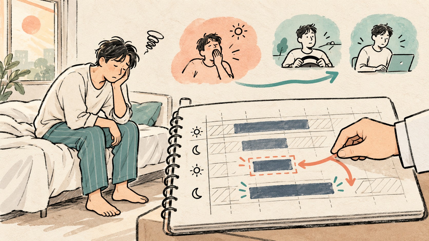 낮에 지친 환자와 수면일지의 침상시간을 조정하는 손을 함께 그린 임상노트 일러스트