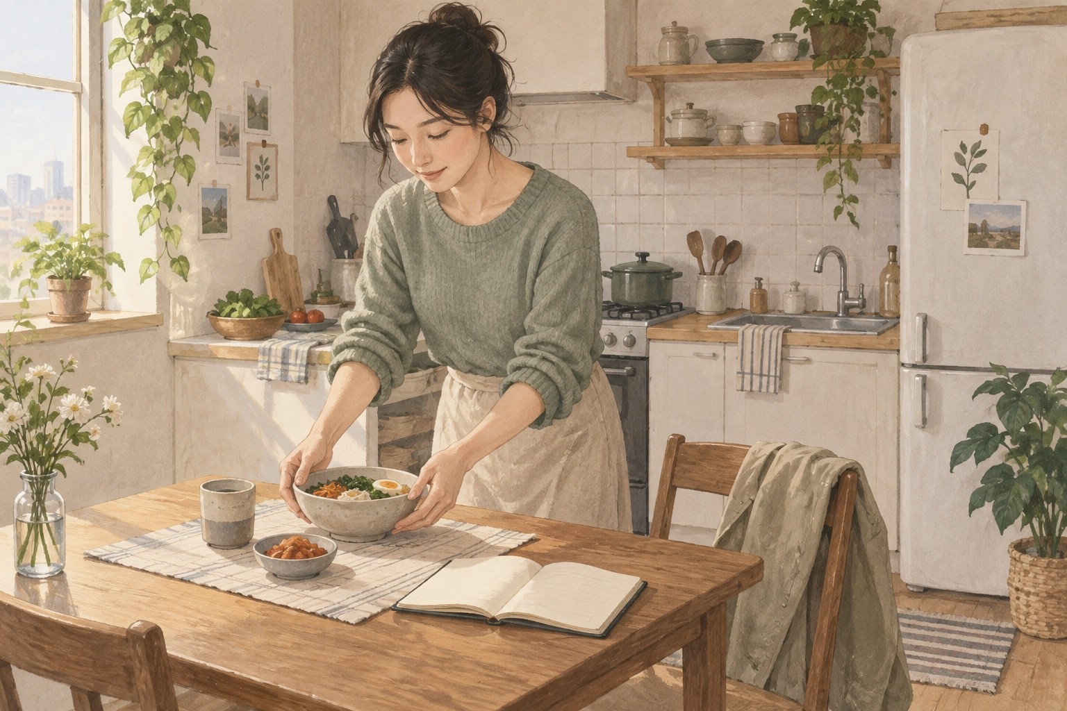 성인이 집에서 한 끼를 차리며 치료에서 도움이 된 방법을 이후 생활에 이어가는 가상 장면