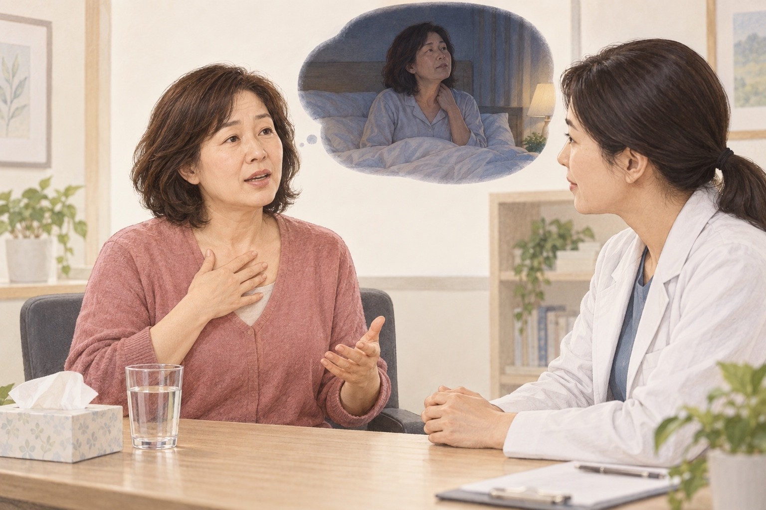 밤의 열감과 땀으로 잠이 끊기는 경험을 치료자에게 설명하는 중년 여성의 삽화