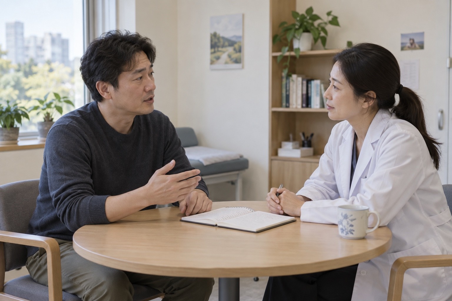 환자가 의료진에게 자신의 경험을 설명하며 감량의 첫 목표와 다음 검토를 상담하는 가상 장면