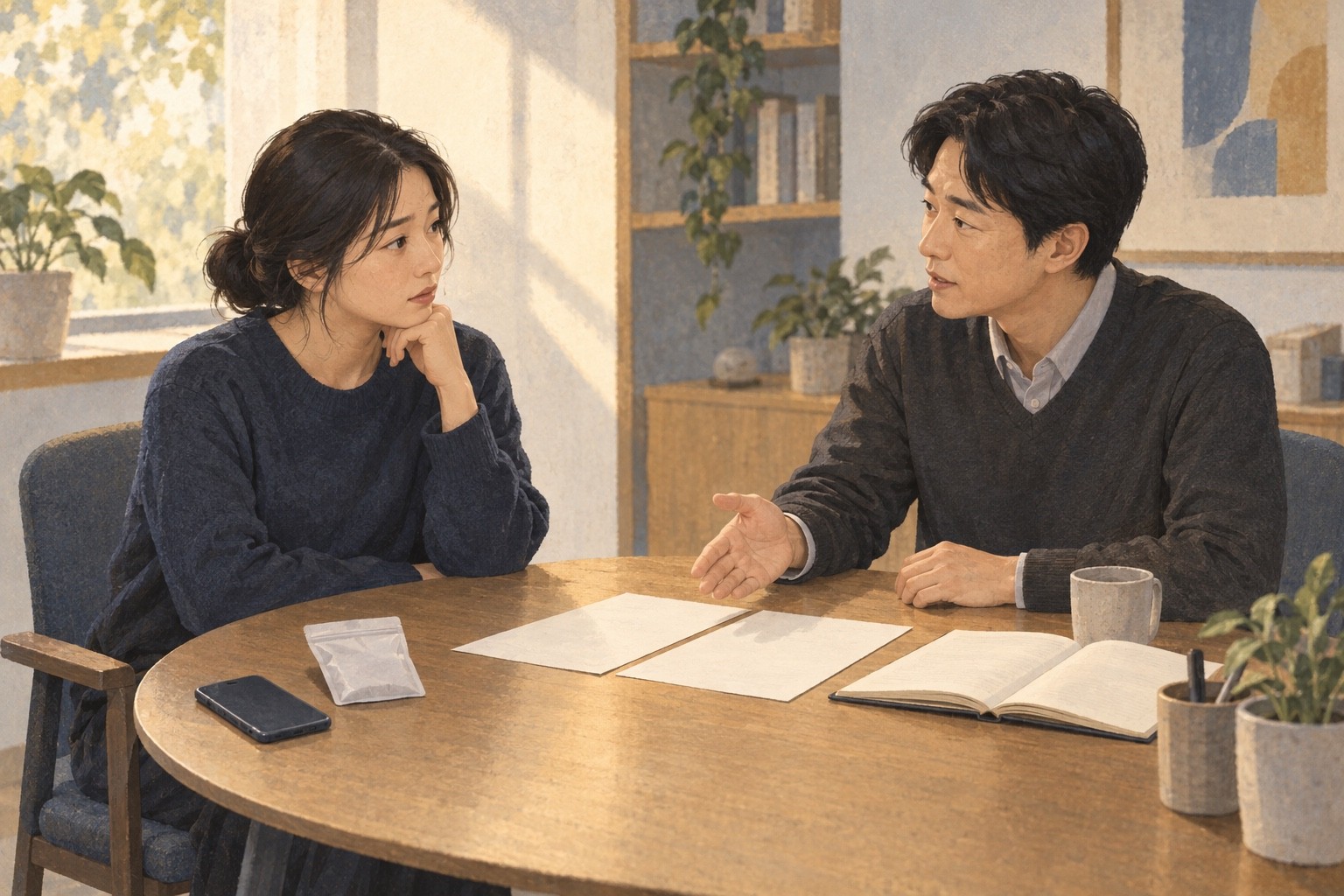 사회불안 치료 중인 성인이 전문가와 기존 치료와 남은 통화의 어려움을 검토하며 추가 치료를 논의하는 상담 장면