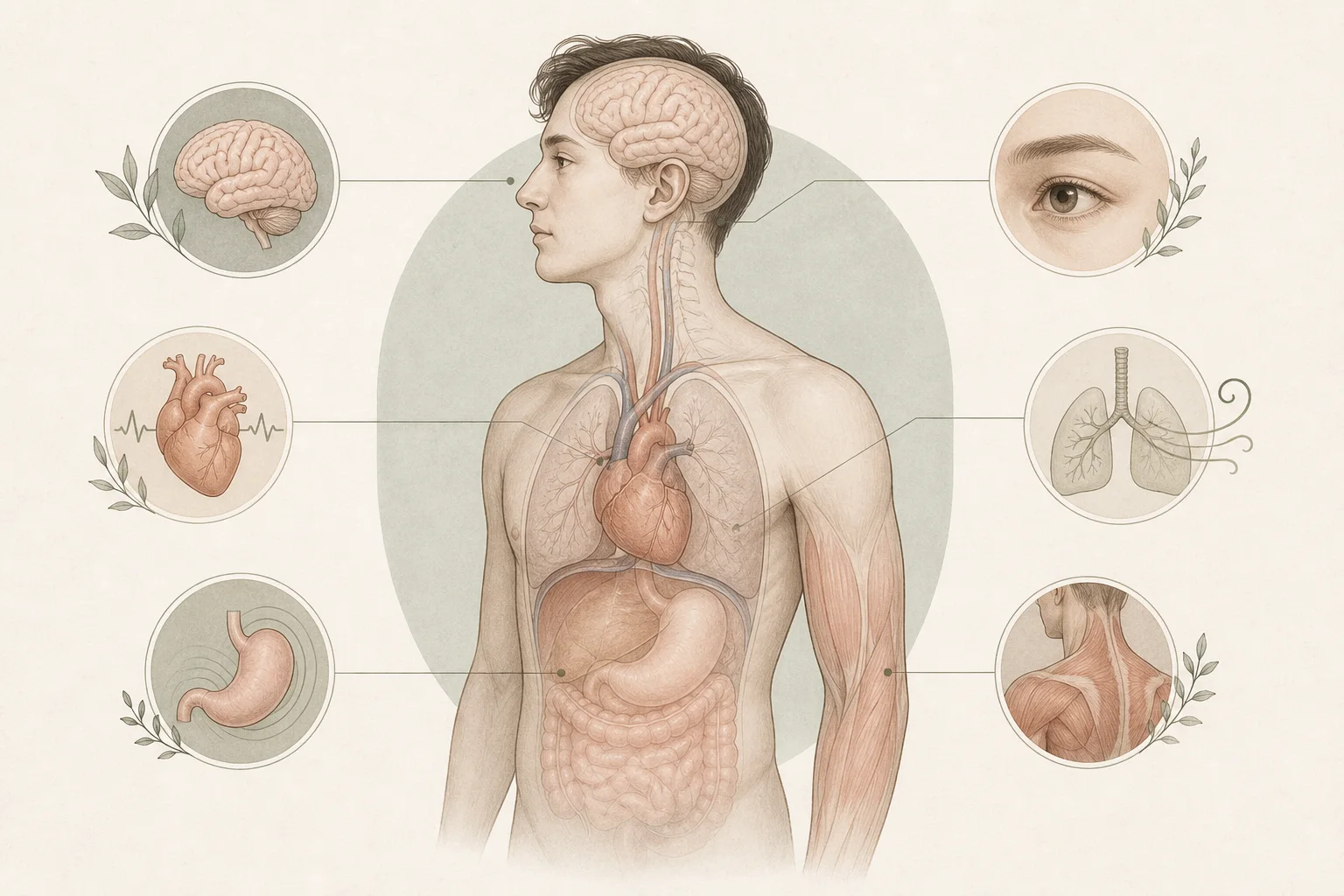 수면·심박·호흡·위장·근긴장이 함께 변하는 과각성 반응을 단순화한 메디컬 일러스트
